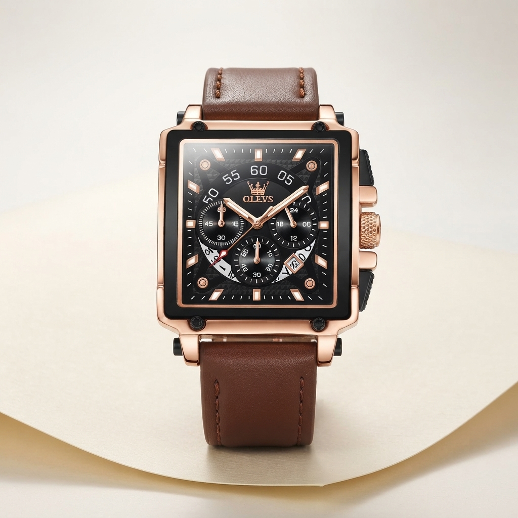OLEVS Men's Square Quartz Chronograph Watch, 40mm Black Leather Strap, 3Bar Water Resistant