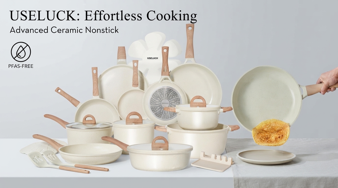 USELUCK 22-Piece Ceramic Cookware Set with Utensils, Pots and Pans Set