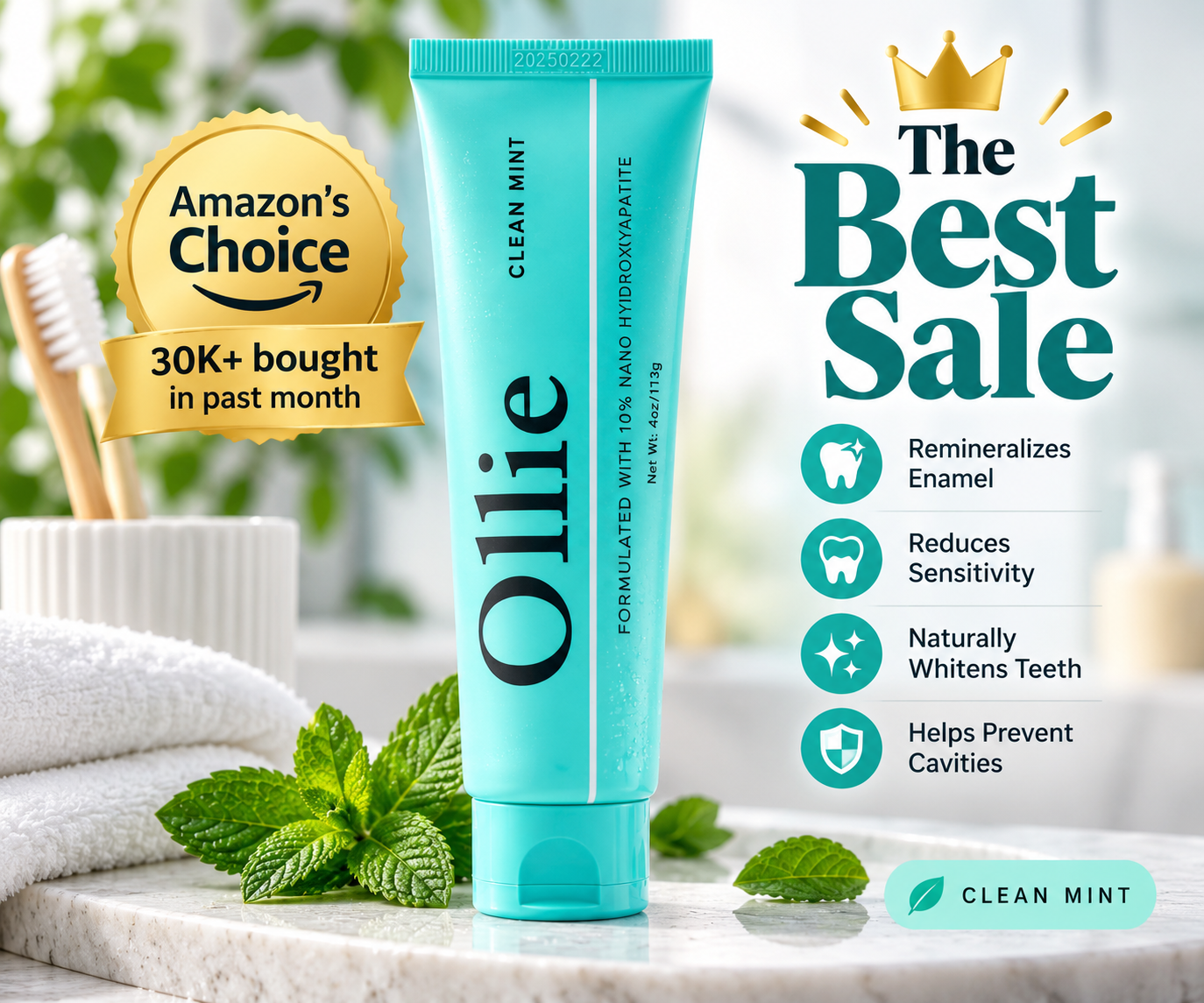 Ollie Fluoride Free 10% Nano Hydroxyapatite Toothpaste, Clean Mint, 1 Pack