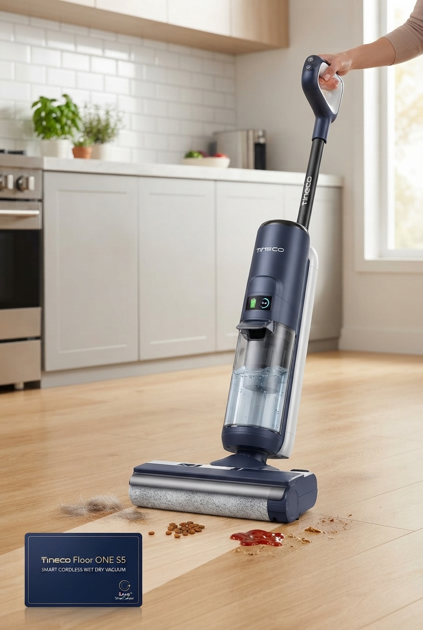 Tineco Floor ONE S5 Smart Cordless Wet Dry Vacuum Cleaner and Mop for Hard Floors, Digital Display, Long Run Time, Great for Sticky Messes and Pet Hair, Space-Saving Design, Blue