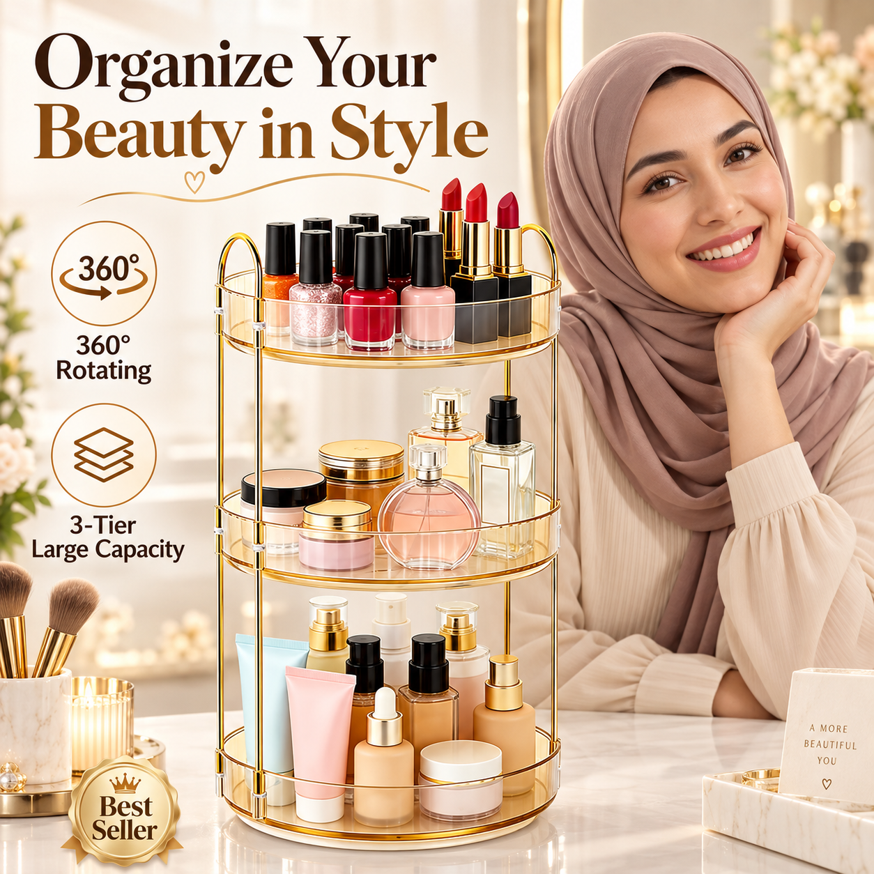 360 Rotating Makeup Organizer for Vanity, 3 Tier Perfume Skincare Organizers and Storage for Bathroom Countertop, Large Capacity Clear Spinning Counter Cosmetic Holder for Dresser, Amber Gold