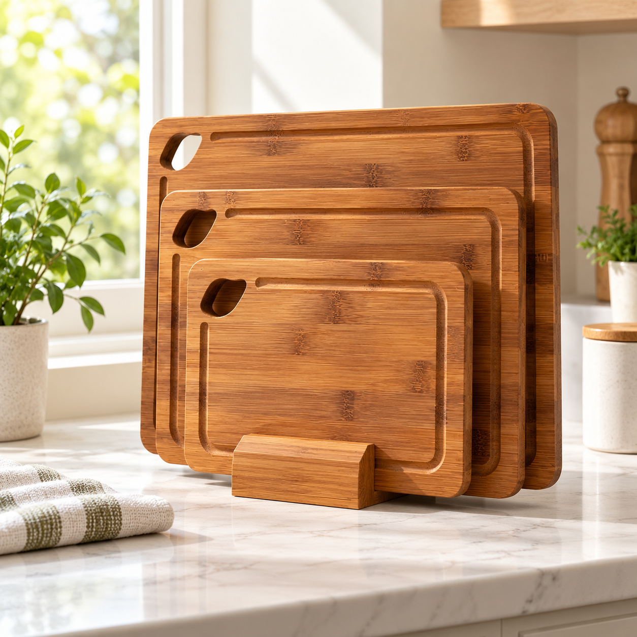 Astercook Deep-Carbonized Bamboo Cutting Board Set with Wood Storage Stand (3-Piece)