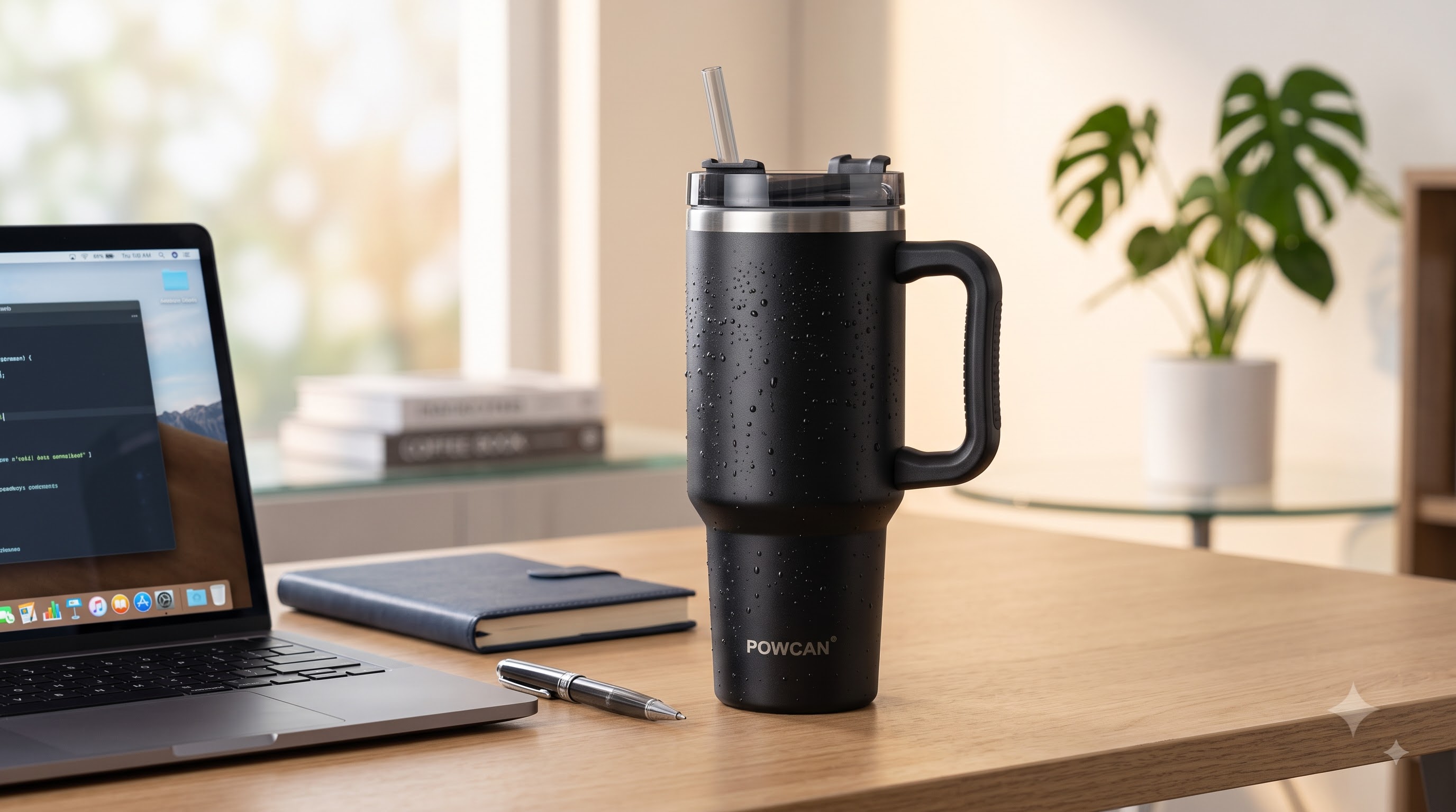 POWCAN 40 oz Tumbler with Handle, 2-in-1 Straw and Sip Lid, Midnight