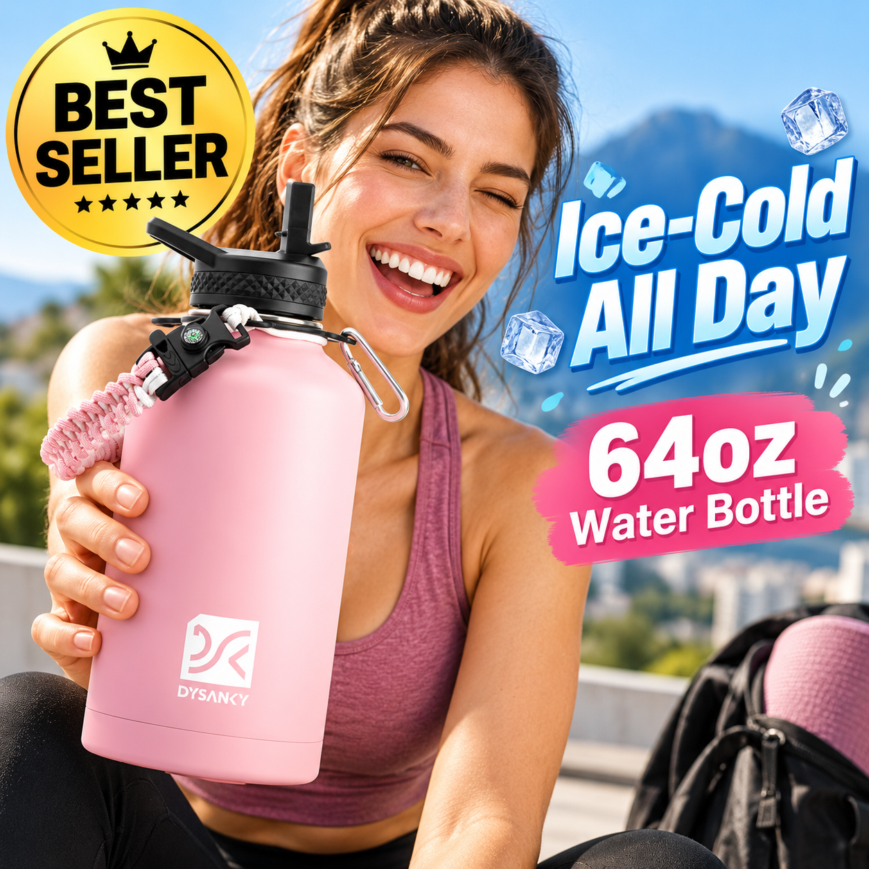 DYSANKY Insulated Water Bottle w/Straw Lid & Portable Carrier Bag, 64oz