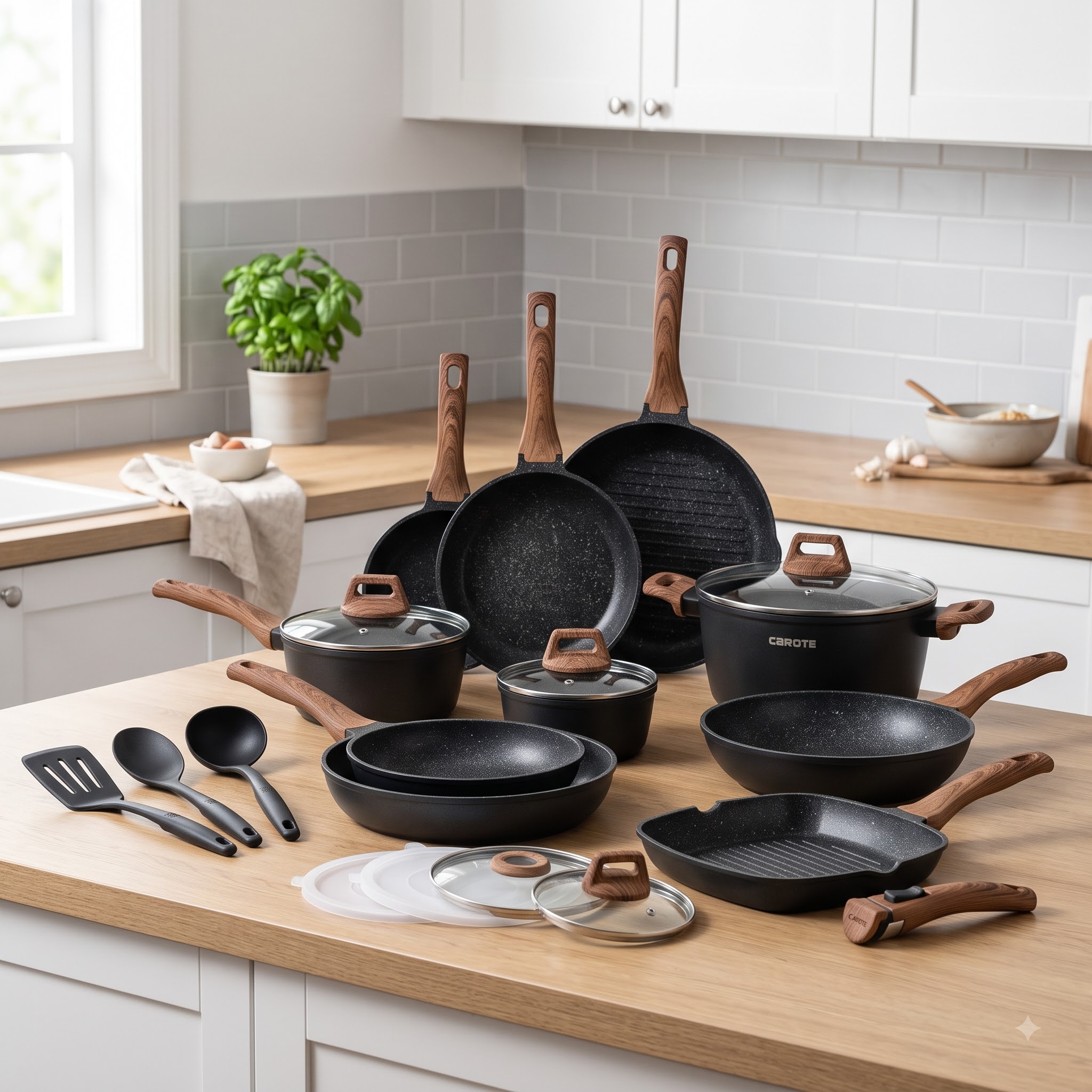 CAROTE 21pcs Pots and Pans Set Non Stick, Detachable Handle Cookware, Black