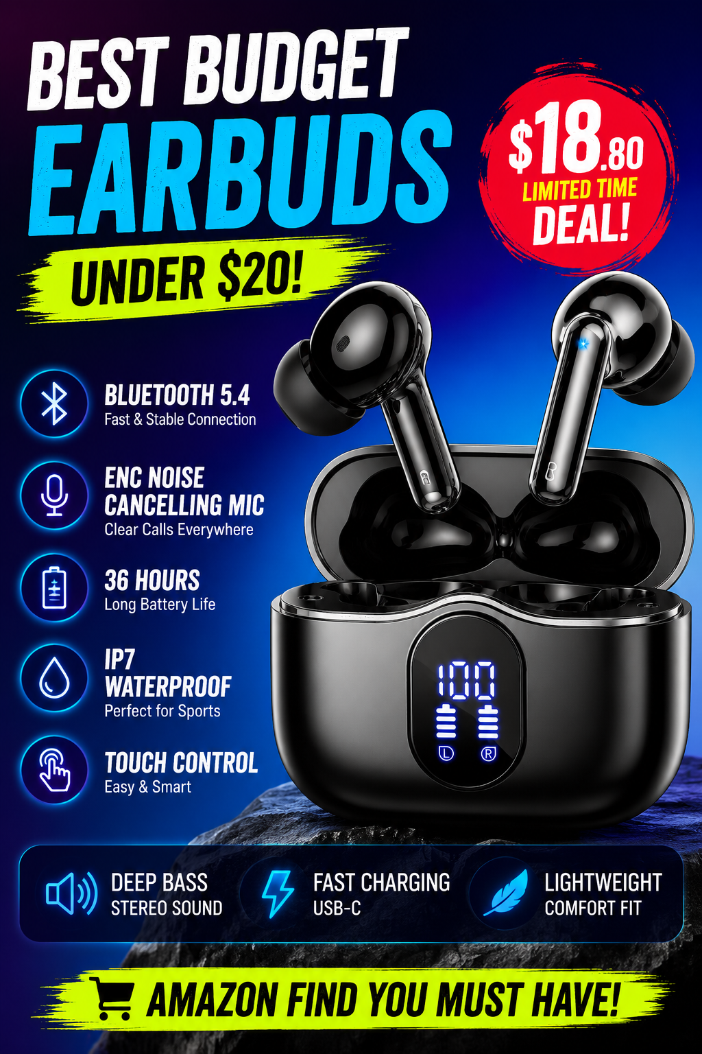 Wireless Earbuds, Bluetooth 5.4 Headphones with Noise Cancelling Mic, LED Display, IP7 Waterproof, 36H Battery, Black