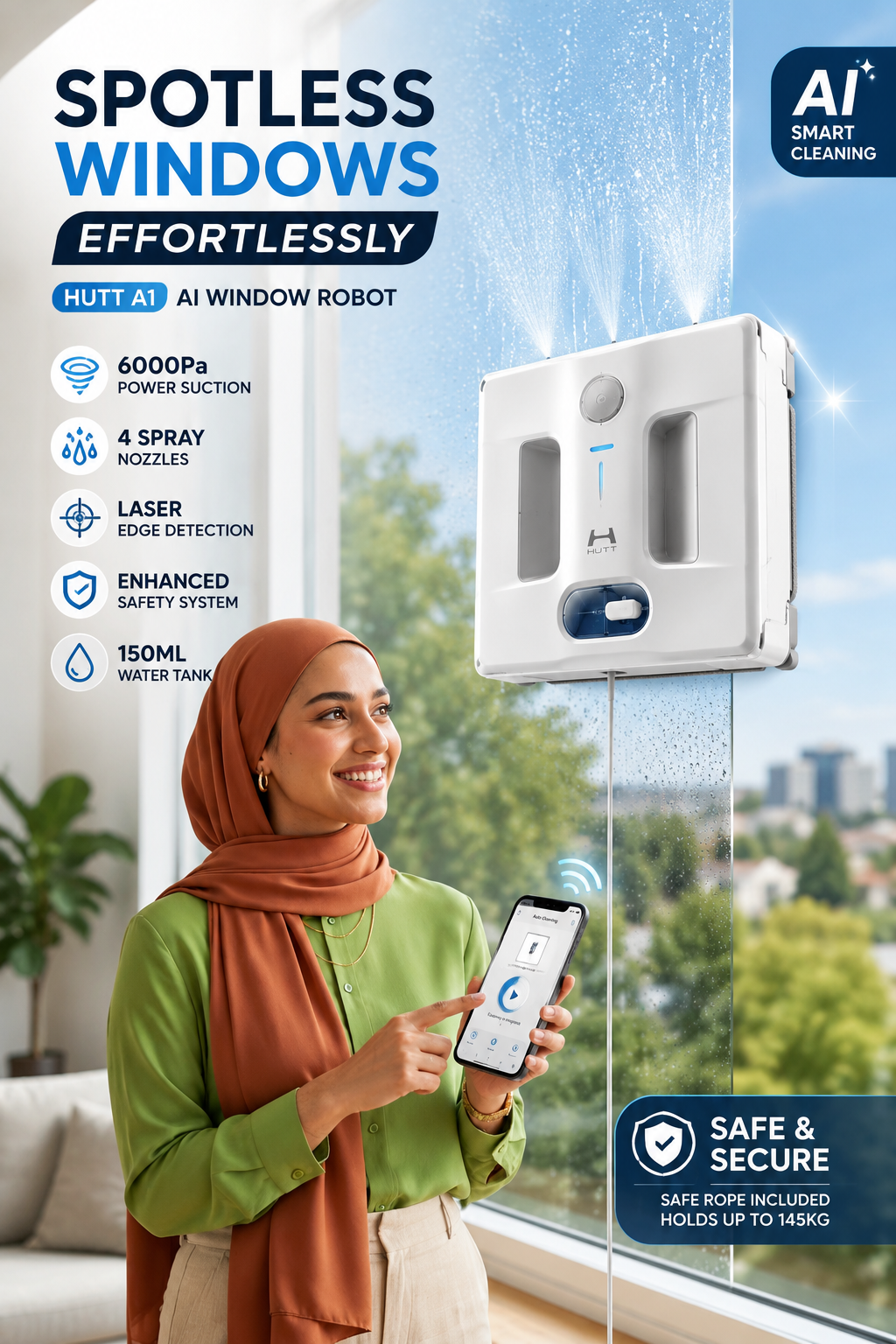 HUTT A1 Auto Window Cleaning Robot, 4 Water Spray Nozzles & 6000Pa Suction with Laser Sensor Detection
