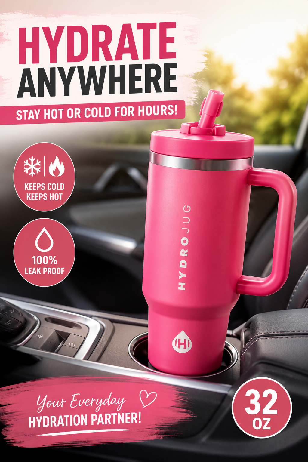 HydroJug Traveler 32oz Insulated Tumbler with Handle & Straw, Berry Pop